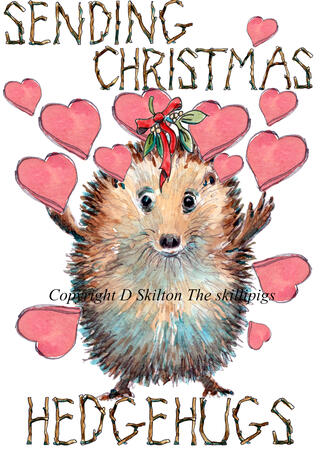 343 SENDING CHRISTMAS HEDGEHUGS Skillipigs Christmas card 6 by 4 inches brown envelope.