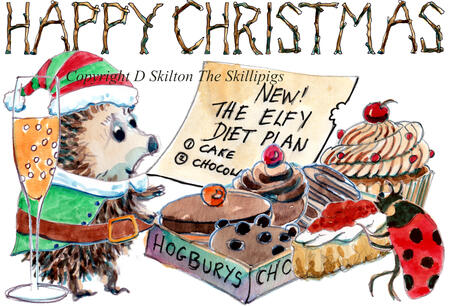 810 NEW ELFIE DIET Skillipigs Christmas card. 6 by 4 inches with brown envelope.