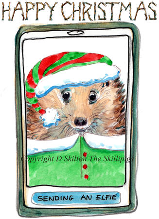 811 SENDING AN ELFIE Skillipigs Christmas card. 6 by 4 inches brown recycled envelope. 
