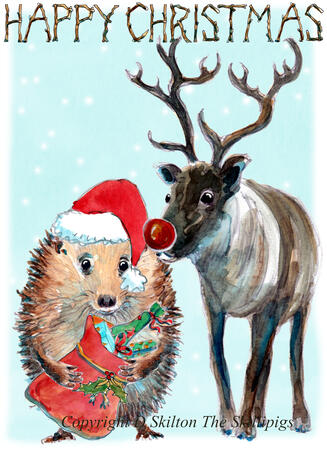 845 Skillipigs Christmas card sack and reindeer. 6 by 4 inch card with brown recycled envelope.