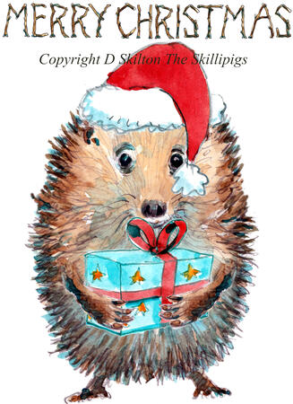 682 holding gift MERRY CHRISTMAS Skillipig 6 by 4 inch Christmas card with brown recycled envelope.