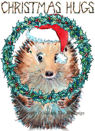 813 CHRISTMAS HUGS with holly wreath. Skillipigs card with brown recycled envelope. 