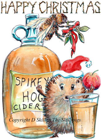 676 HAPPY CHRISTMAS cider flagon and glass. skillipig 6 by 4 inch card with brown recycled envelope.