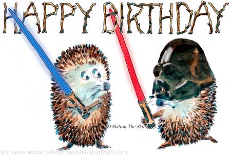 640 Light saber Fight HAPPY BIRTHDAY. 6 by 4 inch skillipig card with brown recycled envelope. 