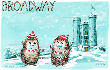 Broadway tower in the snow with Skillipigs.  6 by 4 inch Christmas card with brown recycled envelope.