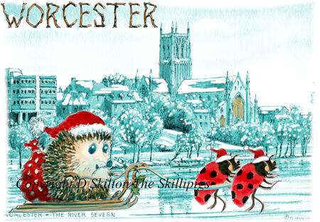 WORCESTER with Skillipig Christmas sleigh, 6 by 4 inch card with envelope.