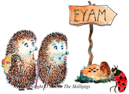 EYAM cyclists, Skillipigs sign post card design. 6 by 4 inch card with envelope.