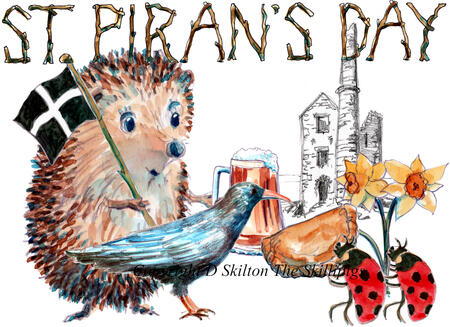 935 St. Piran's Day Skillipigs Greeting card. 6 by 4 inches with brown recycled envelope.