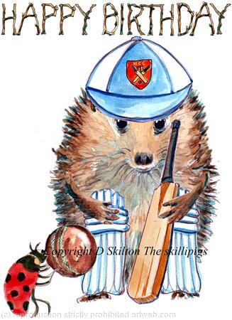 237N Cricket Player Spike. Happy Birthday skillipig card. 6 by 4 inches with envelope