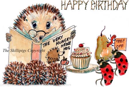 123N  hungry hedgehog reading book HAPPY BIRTHDAY Skillipigg greeting card 6 by 4 with envelope.