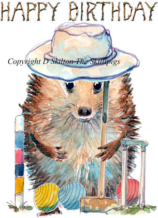 975 Skillipig card croquet player Skillipig greeting card. 6 by 4 inch card with envelope.