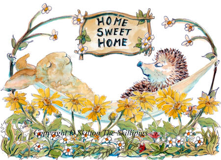 1016 hammock hedgehog and bunny HOME SWEET HOME. Skillipig greeting card 6 by 4 inches with envelope. 