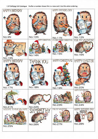 1SP Skillipigs catalogue . New updated catalogue, new designs have N after the numbers. Please choose and let us know  the design you would like for yu4 6 by 4 inch greeting card. Payment is for one card only