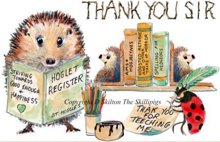 1124 SP Skillipig Card THANK YOU SIR. End of school year card. 6 by 4 inches with envelope.