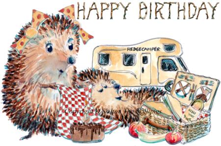 1150 SP camper van and picnic HAPPY BIRTHDAY. Skillipig 6 by 4 inches greeting card with envelope.