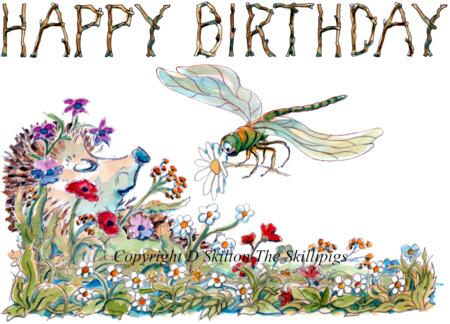 690 HAPPY BIRTHDAY flowers and dragon fly. a 6 by 4 inch Skillipig greeting card with envelope.