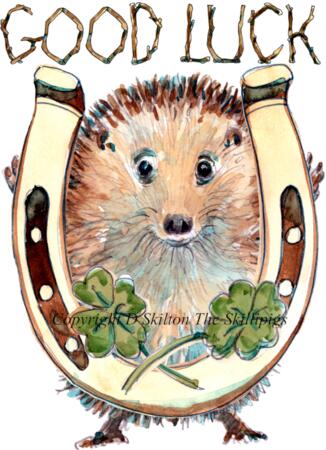 703 GOOD LUCK skillipig with horse shoe  greeting card 6 by 4 inches with envelope.