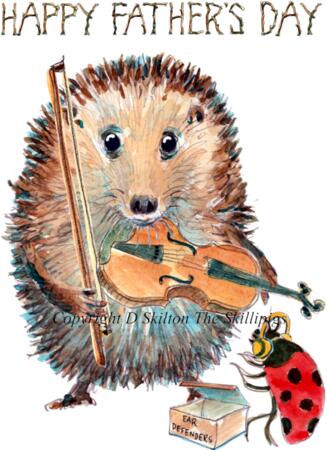 3 HAPPY FATHER'S DAY skillipigs with violin. 6 by 4 inch Skillipig greeting card with envelope.