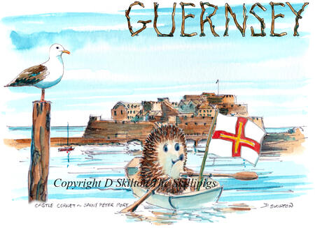 GUERNSEY castle cornet with Skillipig rowing boat. Skillipig Greeting card.