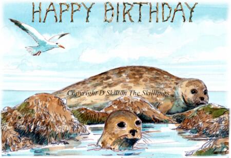 208SF seals HAPPY BIRTHDAY Skillipig Greeting card 6 by 4 inch card with brown recycled envelope.