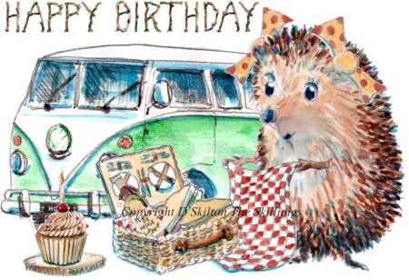 1297 Camper birthday picnic. Skillipig 6 by 4 inch greeting card with brown envelope.