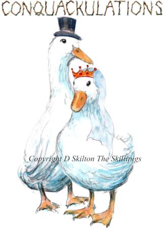 1298 CONQUACKULATIONS wedding ducks Skillipig 6 by 4 inch greeting card with brown envelope.