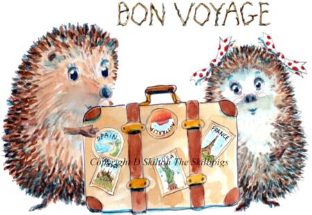 1294 BON VOYAGE suitcase Skillipig 6 by 4 greeting card with brown recycled envelope.