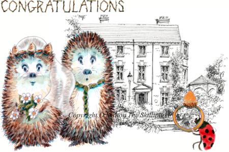 Valley Hotel Ironbridge with the Skillipigs greeting card CONGRATULATIONS 6 by 4 inch greeting card. We can do this with any of our wedding venue drawings.