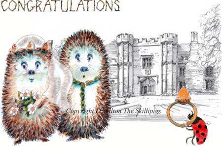Leez Priory Essex skillipig CONGRATULATIONS card 6 by 4 inches. Any of our wedding venue drawings can be produced in this way.