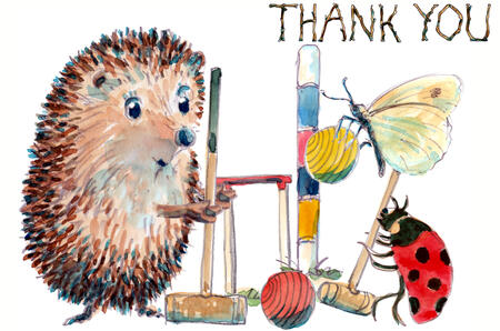 3755 croquet player with ladybird and Butterfly THANK YOU Skillipig 6 by 4 inch greeting card with envelope.