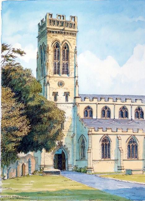 Broseley Church All Saints Shropshire as a greeting card. Prints available. A pen drawing is also available as a print or card.