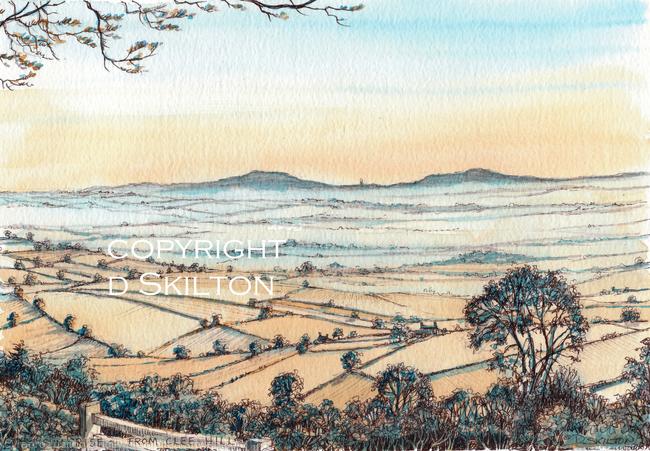 Abberley from Clee Hill at dawn, greeting card or bespoke notelet. Prints and postcards available.