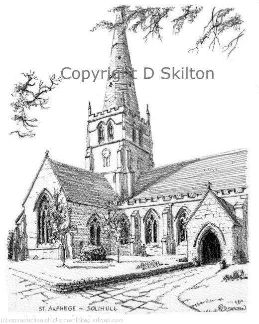 Solihull Church St Alphege Black & White drawing, greeting card. digital prints on watercolour paper available on request.