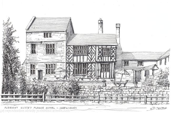 Albright Hussey Manor Hotel Shrewsbury as a signed print on watercolour paper unmounted