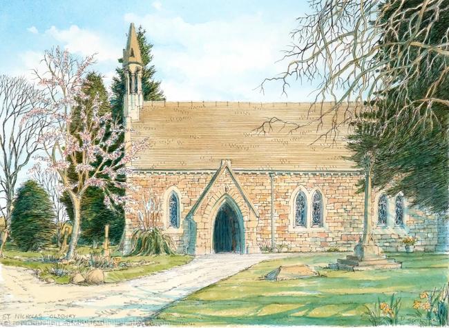 Oldbury Wells church St Nicholas Nr .Bridgnorth Shropshire painting as a greeting card. Prints available and also postcards.