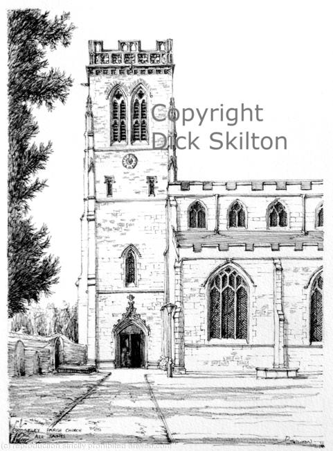 Broseley parish Church pen drawing as a greeting card, notelet, invitation or thank-you card. 