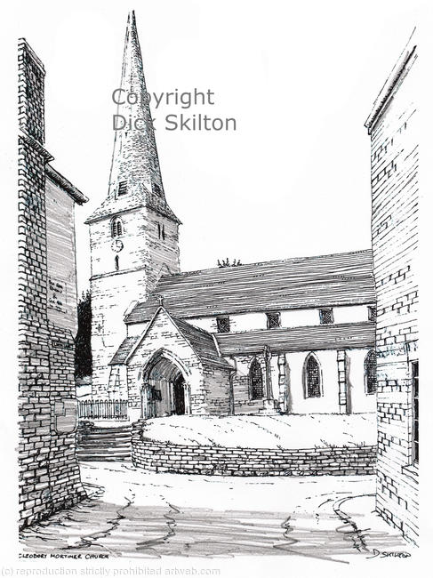 Cleobury Mortimer Church vertical pen drawing as a greeting card, notelet or thank-you card or invitation.