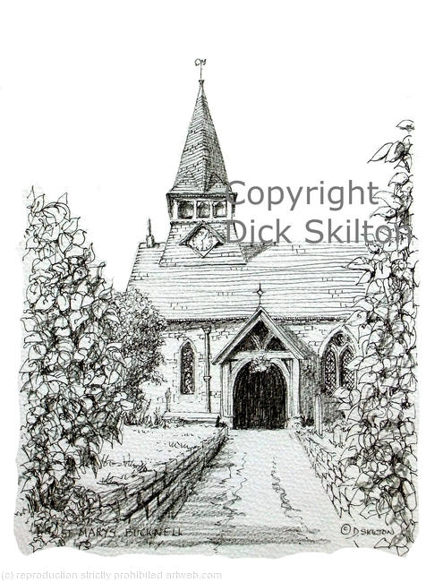 Bucknell Church St. Marys pen drawing Unmounted A4 signed print .