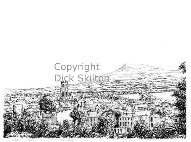 Ludlow & Clee Hill b&w from Whitcliffe as a greeting card or notelet. Prints available.