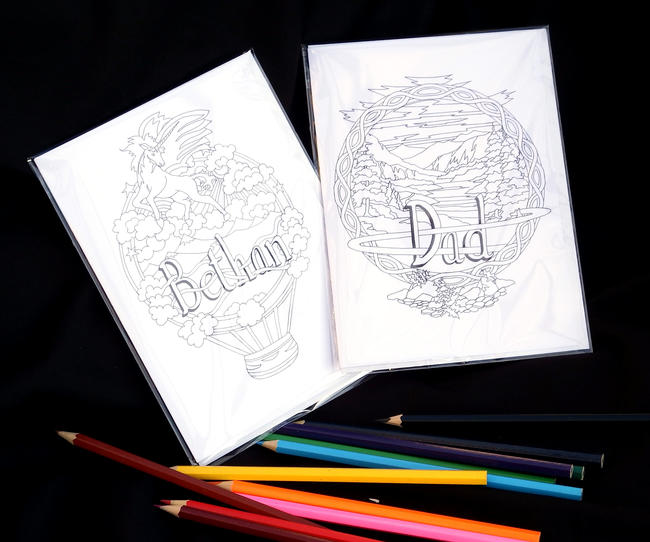 Examples of two of the colouring card collection ( pencils not included). You can have any name woven within the designs, colour and send or send to be colour. A unique card.