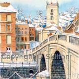 Bewdley Bridge and Church in the snow Signed a4 print on watercolour paper, unmounted.