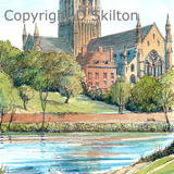 Worcester Cathedral with the River Severn,  Swans, Signed a4 print on watercolour paper, unmounted.