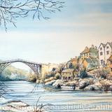 Ironbridge Shropshire winter and the River Severn as a greeting card. Prints  and postcards available.