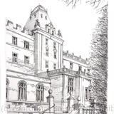 Matlock county hall pencil pen drawing as a signed  print on a4 watercolour paper. Unmounted.