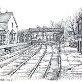 Highley Station with footbridge and museum pen drawing 