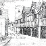 Much Wenlock Market Hall and Church pen drawing as a 6 by 4 inch greeting card