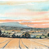 Clee hill at sunset with fields as a signed print on A4 size watercolour paper