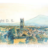 Ludlow church and Clee Hill blue and yellow as a signed print on A4 paper.  Unmounted.