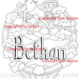 Unicorn and balloon, design example for colouring card with a name on. Cards can have any name woven into the design. 