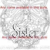 Fairy on a mushroom colouring card example with Sister but any name is available woven into the design so you can colour and send or send to be coloured